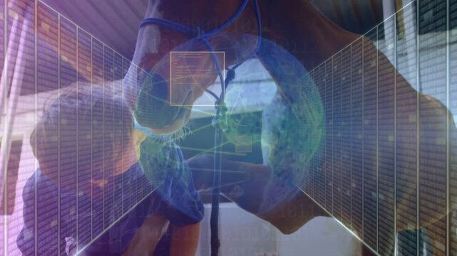 Male farrier lifting forelimb, trimming hoof for vet care, AR globe expanding HUD panels overlaying