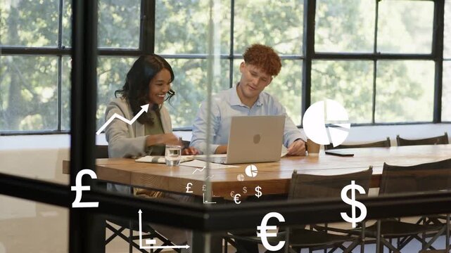 Woman and man on laptop, high-fiving after finance win, charts overlaying, reviewing, woman leaving