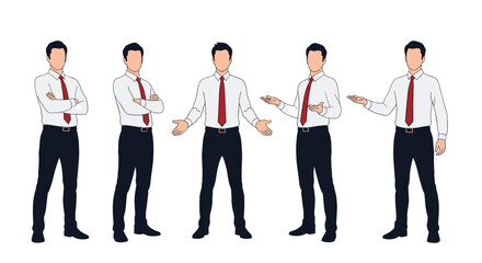 Obraz premium Professional businessman character set showing five different poses including arms crossed and presenting with a red tie and black pants.