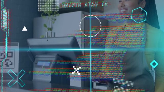 Retail cashier tapping POS screen, HUD overlay revealing QR code as customer scanning phone to pay