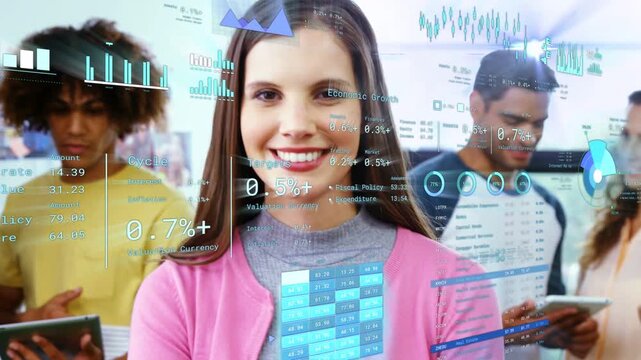 Woman in pink cardigan uncrossing arms and smiling as animated charts overlaid updating tech data