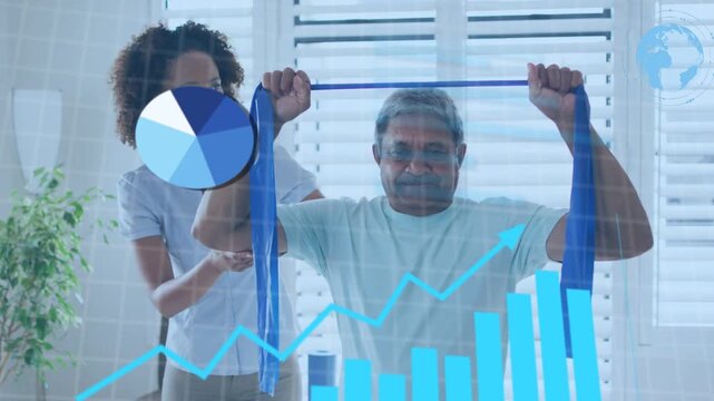 Patient gripping blue band doing shoulder reps while therapist guiding and charts collecting data
