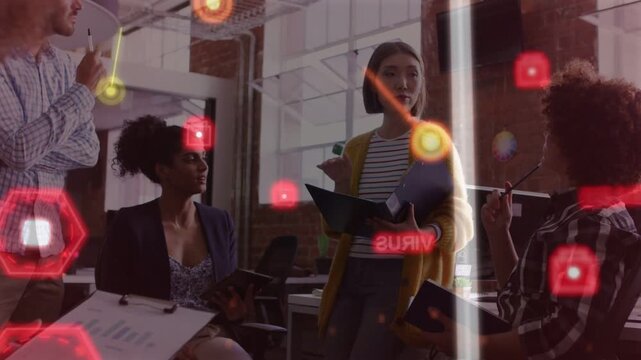 Presenter holding folder and presenting tech brief in open office, AR HUD highlighting keywords