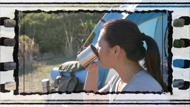 Woman camper raising metal cup and sipping, shifting gaze out, resting, filmstrip framing travel