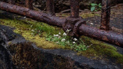 Fototapeta premium Green weeds and small white flowers growing at the base of a rust iron fence on a moss stone ledge, showing nature decay urban growth as weeds flowers rust fence moss stone reclaim abandoned metal
