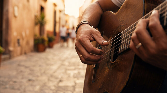 A skilled musician strums a classic guitar in a sun-drenched, narrow street, showcasing a melodic and lively street performance.