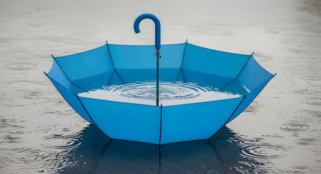 A blue upside-down umbrella holds water like a makeshift bowl on a rainy day outdoors on wet ground