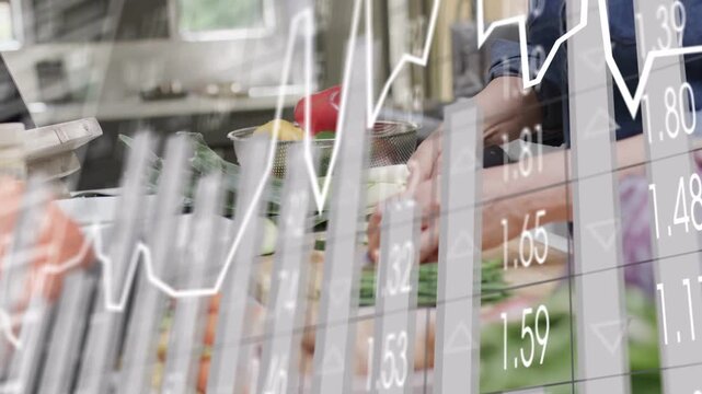 Home cook chopping veg on counter, chopping starting and preparing meal while finance charts fading