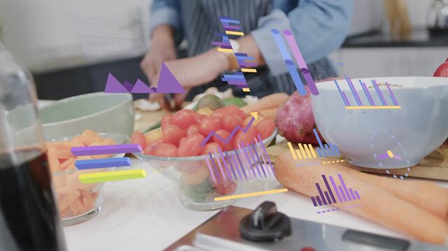 Cook placing knife on board, chopping veggies for cooking while animated charts highlighting bowls