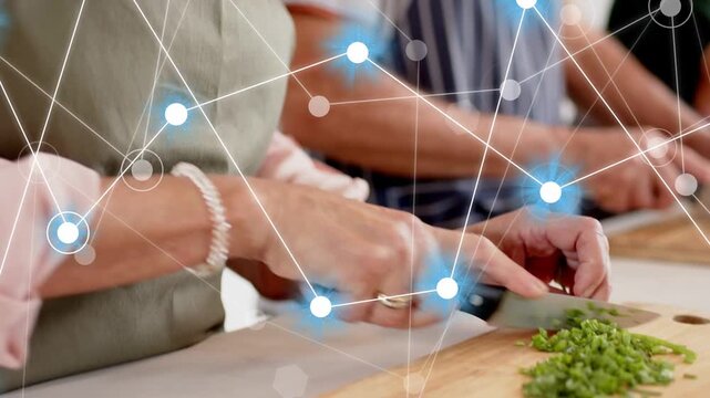 Woman starting herb chopping on wood board camera pulling back overlay linking hands food class
