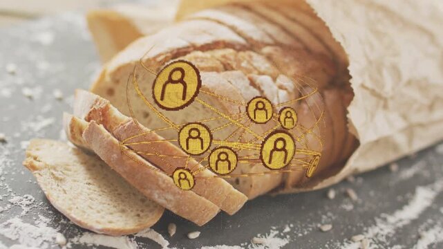 Golden tokens appearing over sliced loaf, tracing arcs, forming orbiting network, showing links