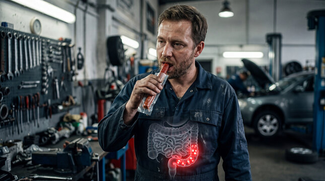 A mechanic in his shop pauses, with internal illustration.