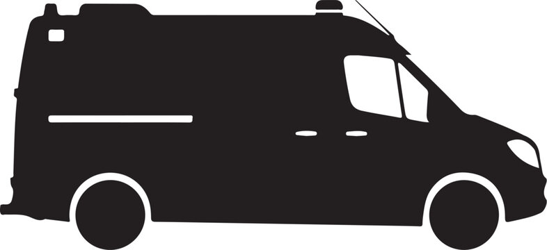 Black van silhouette, vehicle icon, transportation symbol, delivery truck