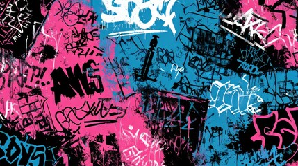 Fototapeta premium Graffiti street art seamless vector background pink blue abstract graffiti tags paint splatter arrows distressed texture punk urban rebellion edgy branding music poster design concept