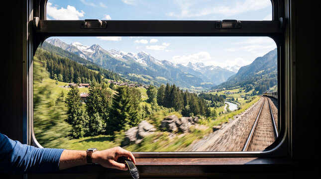 Captivating view from the train window. Capturing the thrill of travel and the beauty of nature from inside the train.