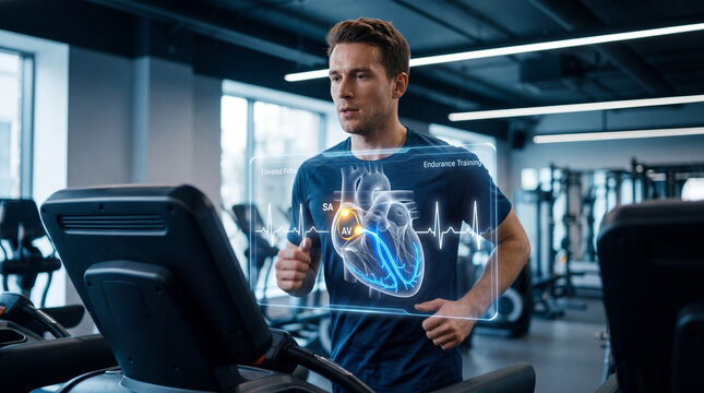 A fit man runs diligently on a treadmill in a modern gym setting, while a holographic representation of a healthy heart and cardiovascular system overlays his form.