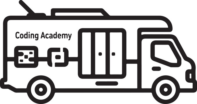 Black and white vector illustration of a coding academy van, educational vehicle, coding mobile unit, learning on wheels