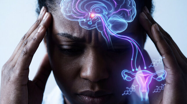 A woman's face, her brow furrowed in deep concentration, with an illustration of the brain's intricate neural pathways, highlights the intense mental focus and cognitive activity that consumes her.