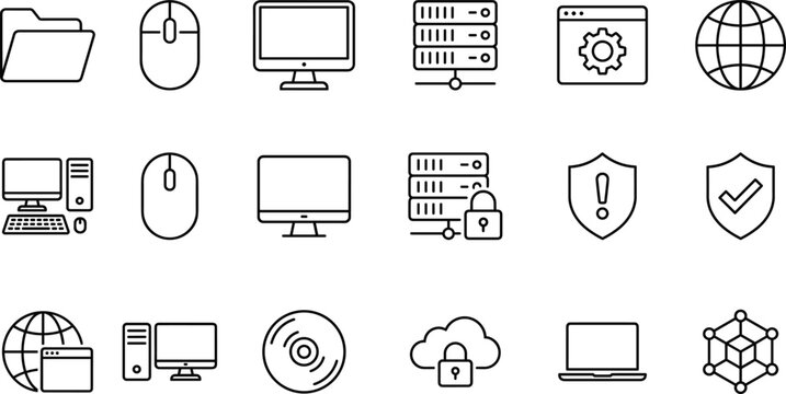 Technology line icons set featuring computer devices network security cloud and digital system elementsTechnology line icons set featuring computer devices network security cloud