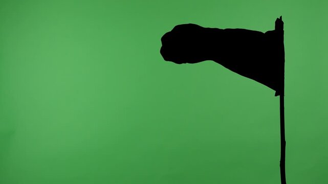 Black flag on a pole against a green background with alpha channel. Concept of symbol, protest, warning, anonymity, and chroma key element for video editing and design.