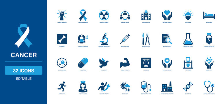 Cancer awareness solid icon set using clear graphics for genetic research, diagnostic imaging, medical report, biological cell, laboratory flask, and chemotherapy drip treatment procedures.