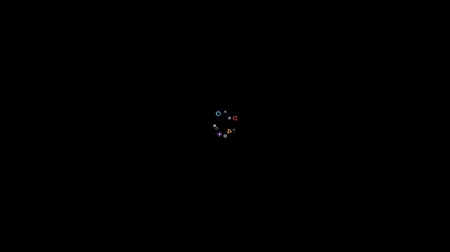 Abstract colorful particles explosion on black background, vibrant magic dust burst animation, glowing festive glitter sparks motion graphics