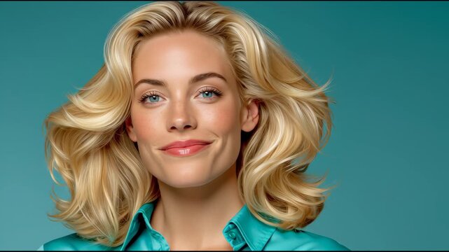 Caucasian woman with blonde hair in turquoise shirt poses with a confident expression, transitioning from a frontal view to a profile in a solid blue background