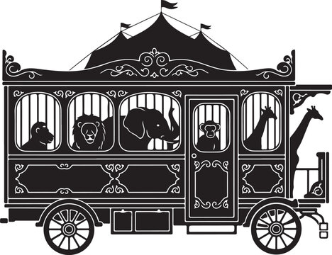 Vintage carnival, animal transport, circus wagon, black silhouette, vector illustration