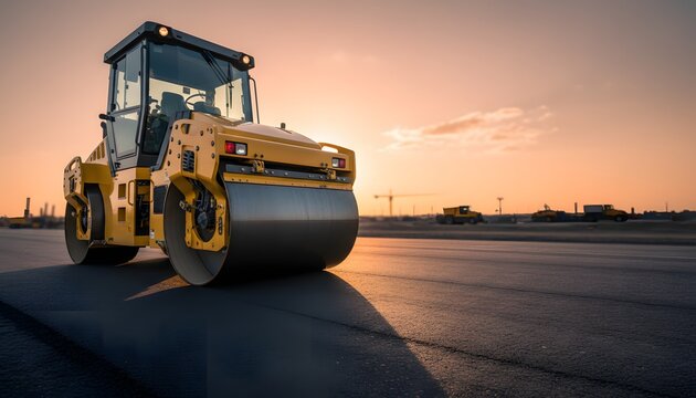 Yellow asphalt compactor parked on a freshly paved road during sunset for infrastructure development concept. Industrial machinery working on highway construction project site