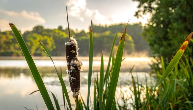 Reed mace by a misty lake, with sunlit trees in the distance, casting an ethereal glow