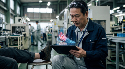 Fototapeta premium A worker examines detailed digital data on a digital tablet in a modern factory setting, embodying the evolution of industry.