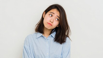 Fototapeta premium Portrait of a perplexed young Asian woman expressing uncertainty and skepticism, looking sideways with a thoughtful and doubtful gaze on a plain white studio background.