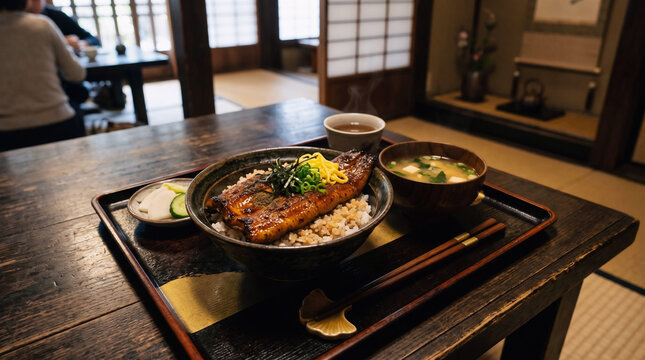 Nasi Unagi Don Jepang di atas Baki Pernis dalam Ruangan Tradisional Jepang dengan Interior Tatami