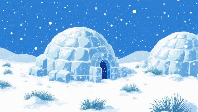 Snowy scene of two igloos with a doorway amidst falling snowflakes