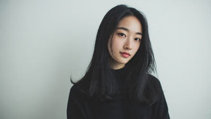 Naklejka premium Beautiful young Asian woman with long, sleek black hair looking pensively at the camera, against a soft white background. A modern, minimalist portrait showcasing natural beauty.
