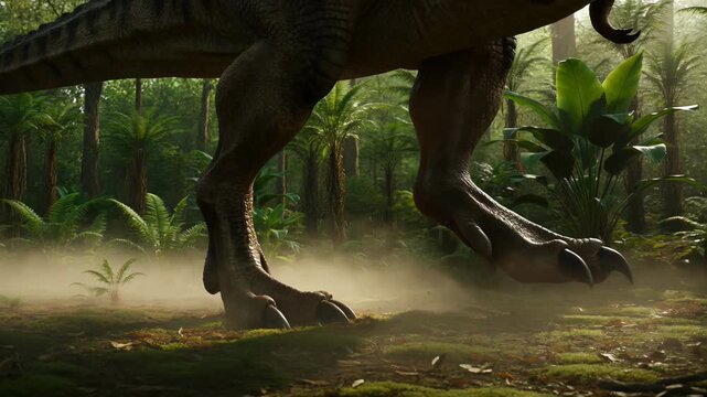Massive Tyrannosaurus rex walking slowly through misty prehistoric jungle with textured scaly skin and heavy footsteps shaking the ground prehistoric dinosaur footage
