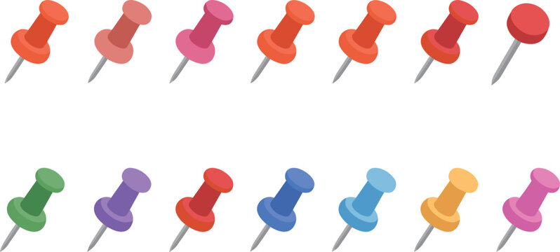 Colorful push pin vector set, office thumbtacks, stationery supply collection for workspace organization design