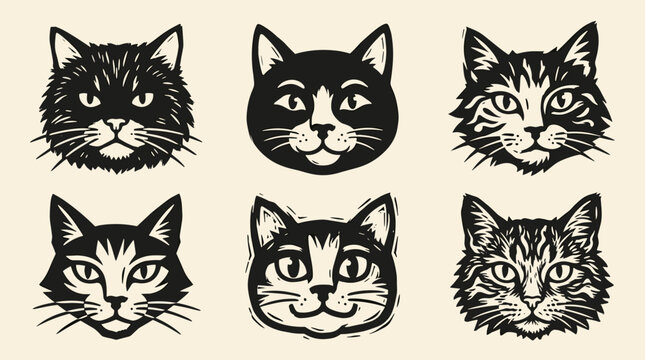 Cat face linocut icons: professional set of 6 hand drawn black ink vector illustrations