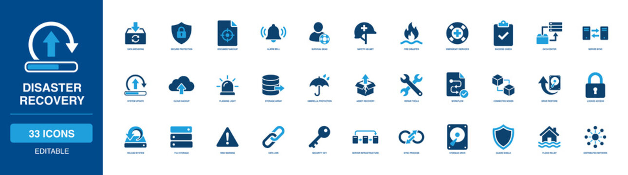 Disaster Recovery solid icon set featuring data archiving, fire emergency, secure protection, and server sync; practical visual aids for cloud backup, storage array, system repair workflow.