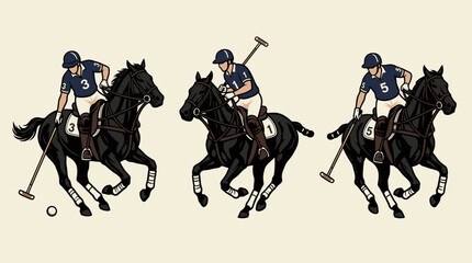 Fototapeta premium Polo Player Riding Horse: Vintage Linocut Illustration Set, Woodblock Print Emblem Vector
