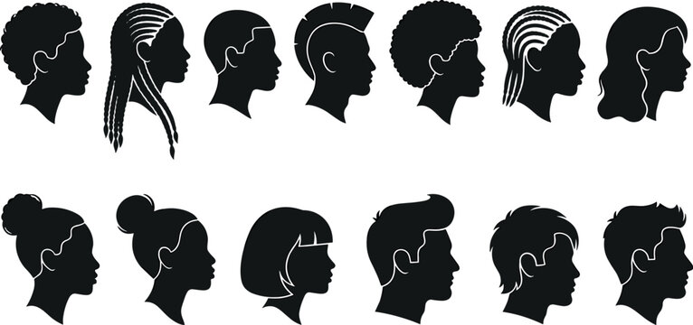 Hairstyle silhouettes and profile avatars set, vector collection of diverse male and female heads with different haircuts on transparent background