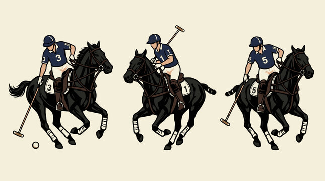 Polo Player Riding Horse: Vintage Linocut Illustration Set, Woodblock Print Emblem Vector
