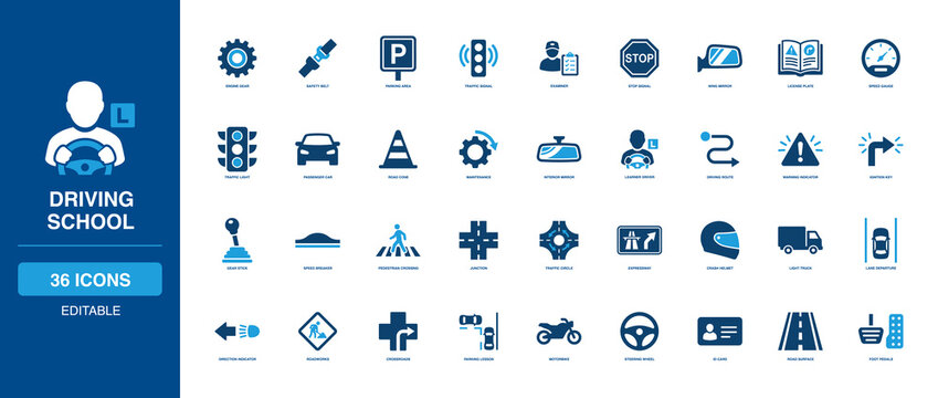 Driving School solid icon set with passenger car, traffic signal, steering wheel, and road cone; visual guide artwork for learner driver, safety belt, parking area, and engine maintenance.