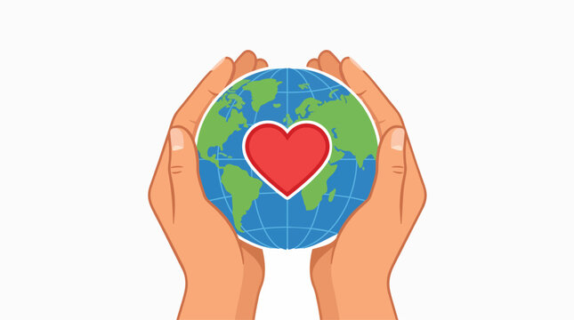 Hands cradling a globe with a large red heart superimposed on it, symbolizing global love and care.
