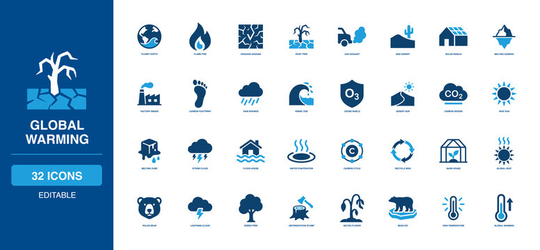 Global Warming solid icon set with melting iceberg, factory smoke, arid desert, and planet earth; environmental artwork for carbon footprint, climate change, and solar energy impact.