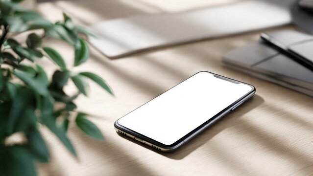 Smartphone displaying blank screen on modern desk minimal workspace setup neutral colors soft shadows realistic lighting creative copy space
