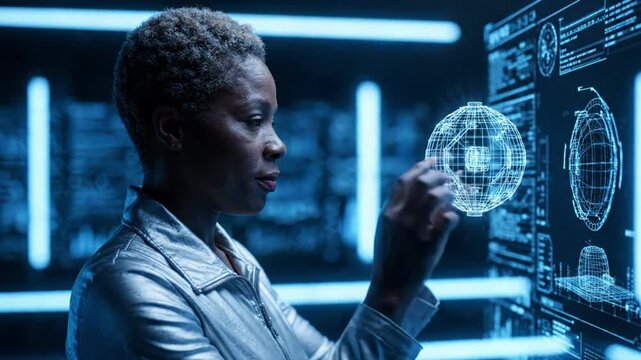 Person Interacting with Futuristic AI Interface Holographic Data Concept