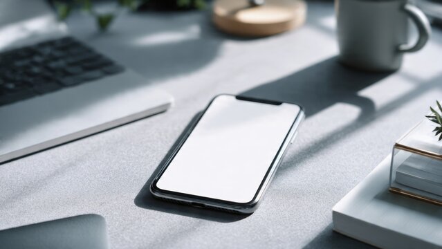 Smartphone displaying blank screen on modern desk minimal workspace setup neutral colors soft shadows realistic lighting creative copy space