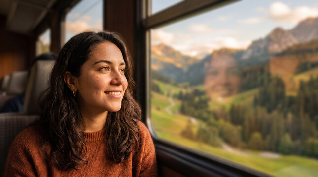 A serene woman gazes at the majestic mountain views from a train window.