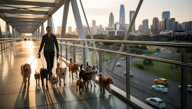 Professional female dog walker walking a large pack of dogs on a modern pedestrian overpass above urban roads during golden hour sunset for pet care and city lifestyle concept